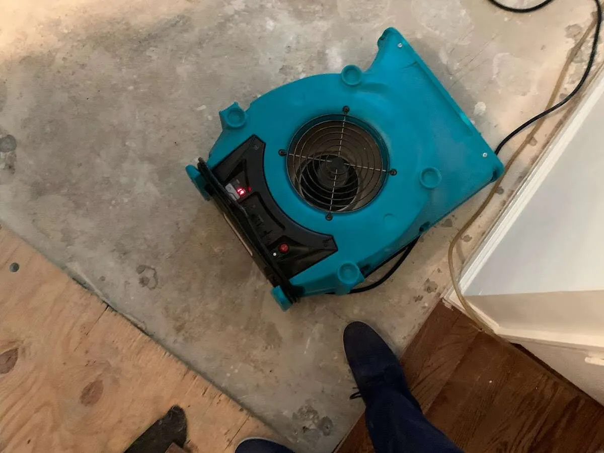 Air mover drying subfloor during Leak Detection & Repair in Great Barrington